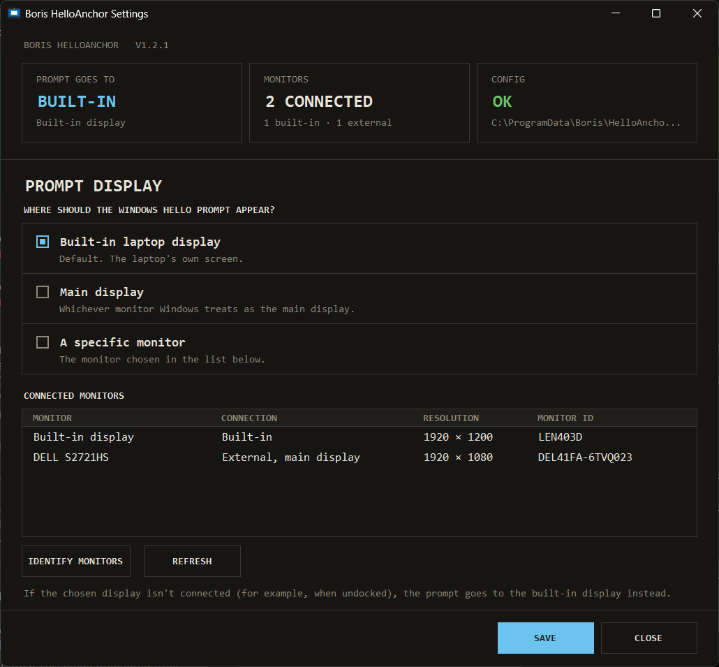 Settings window listing the built-in display and an external monitor